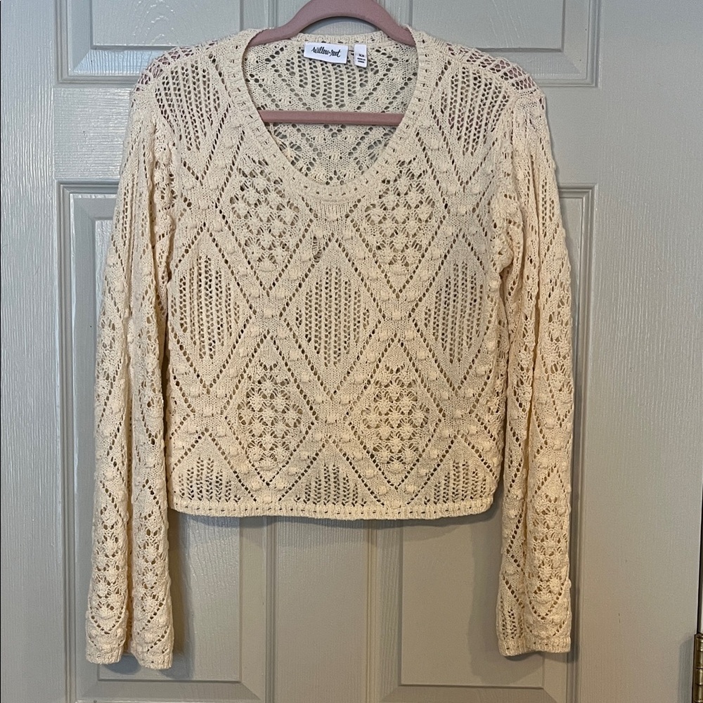 Willow + Root Buckle Cream Diamond Pattern Boho Knit Top Xsmall